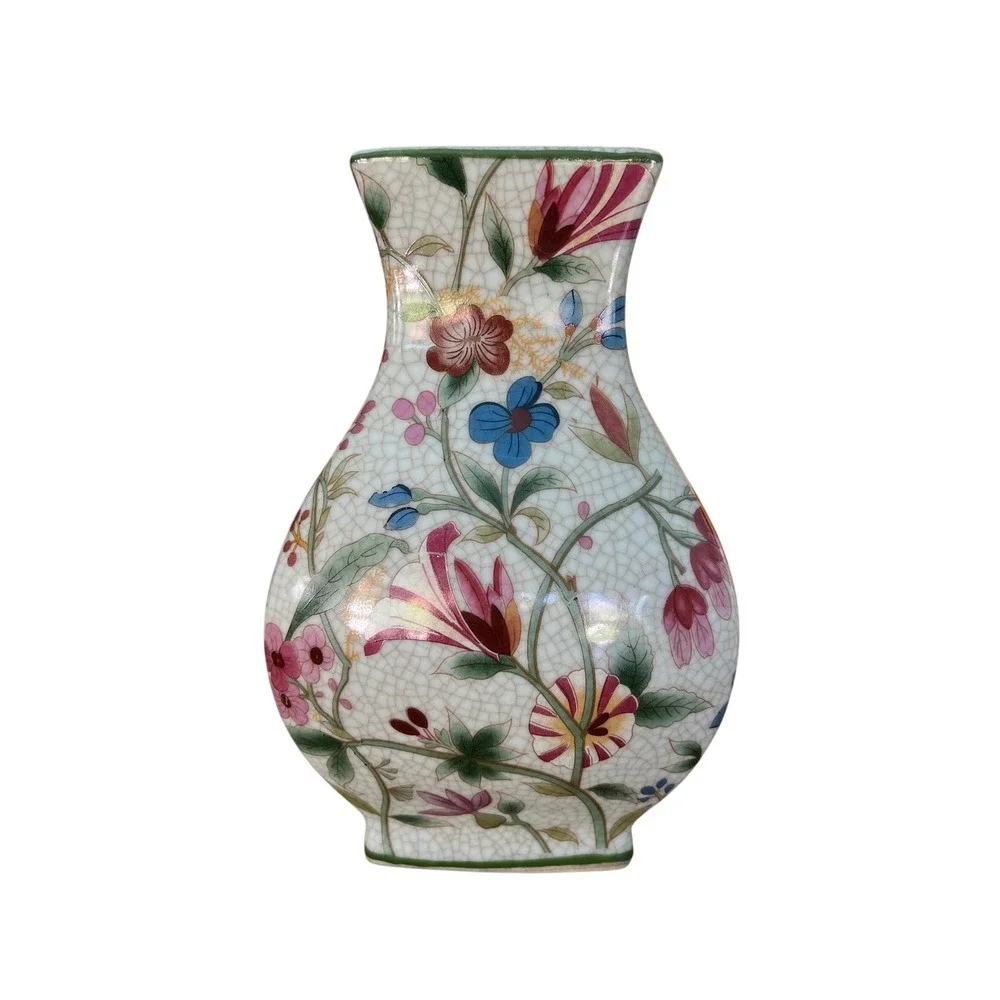 Vintage Chinoiserie Crackle Glaze Floral Ceramic Vase Gold Accents 8.75